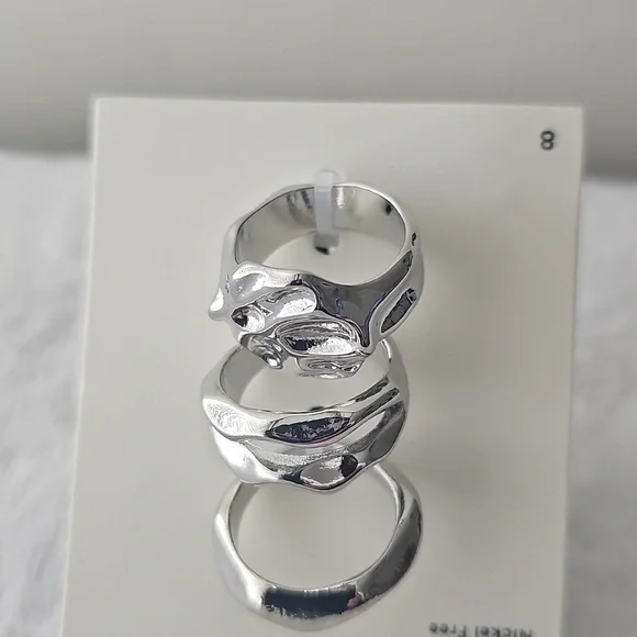 NWT Open Edit Set Of 3 Molten Rhodiun Rings Size 8 Silver - Picture 6 of 12